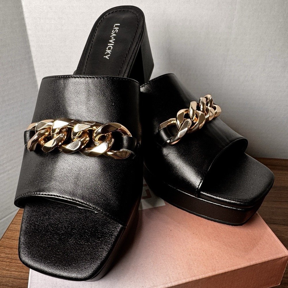 Lisa Vicky Magnetic-V Black Sheep Nappa Slip On Heel Sandal Gold Chain 8M New